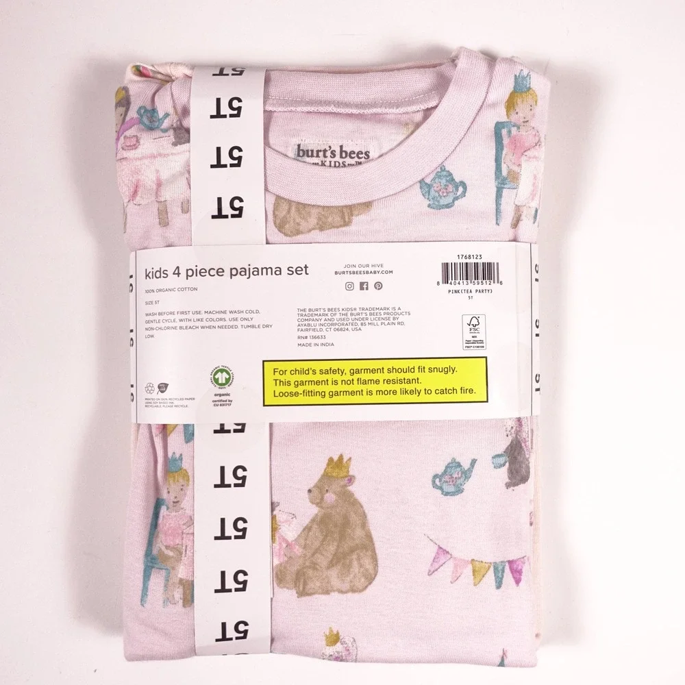 Burts Bees Kids 5T 4-Piece Pajama Set 100% Organic Cotton Pink Tea Party Unicorn